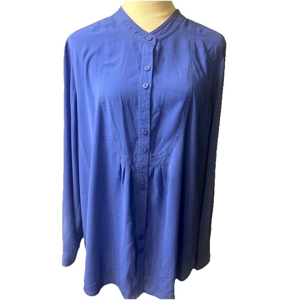 Susan Graver Womens XL Pintuck Tunic French Blue Button Up Long Sleeves Blouse